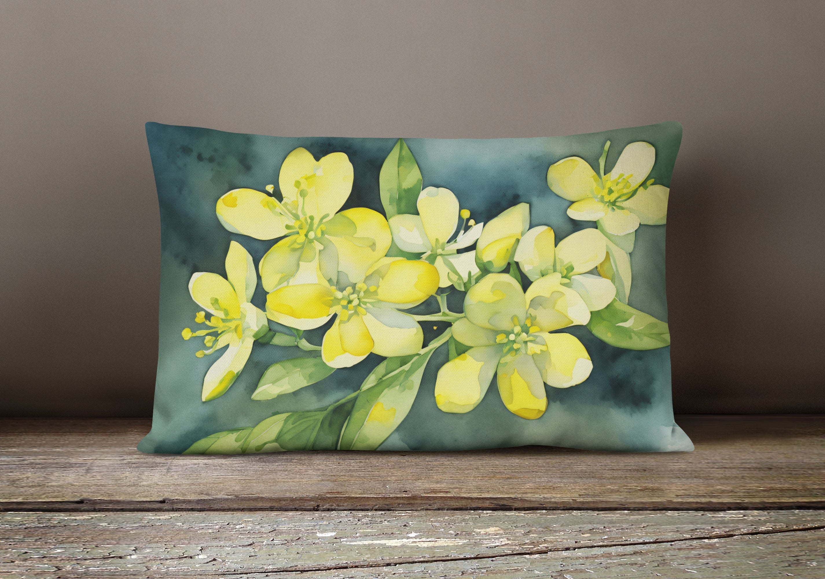 South Carolina Yellow Jessamine in Watercolor Throw Pillow-3