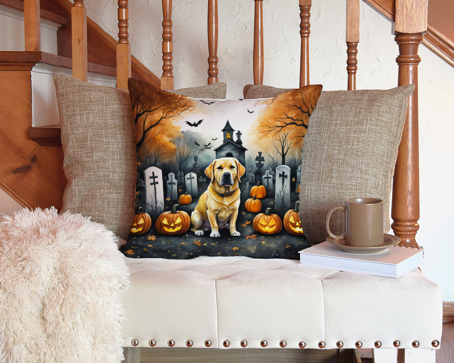 Yellow Labrador Retriever Spooky Halloween Throw Pillow-2