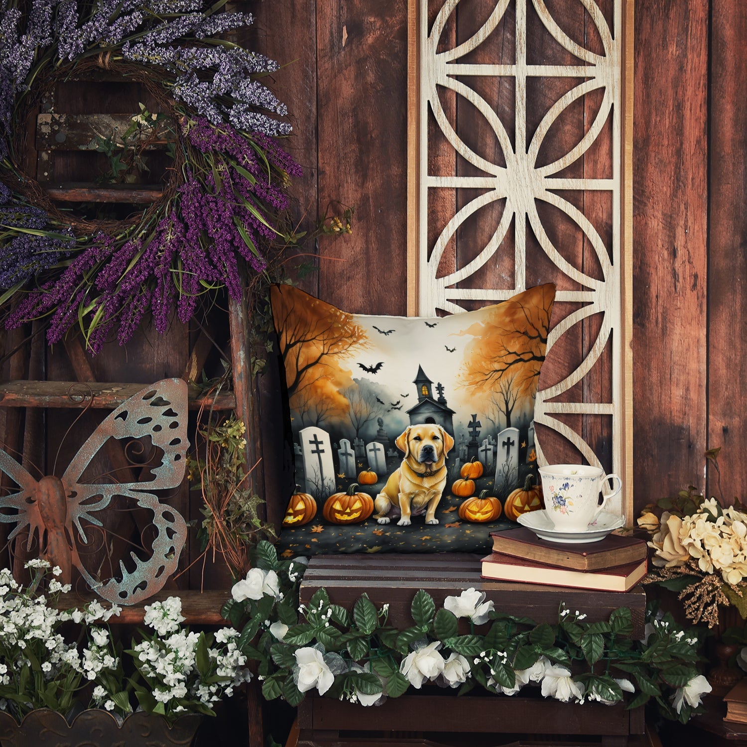Yellow Labrador Retriever Spooky Halloween Throw Pillow-3