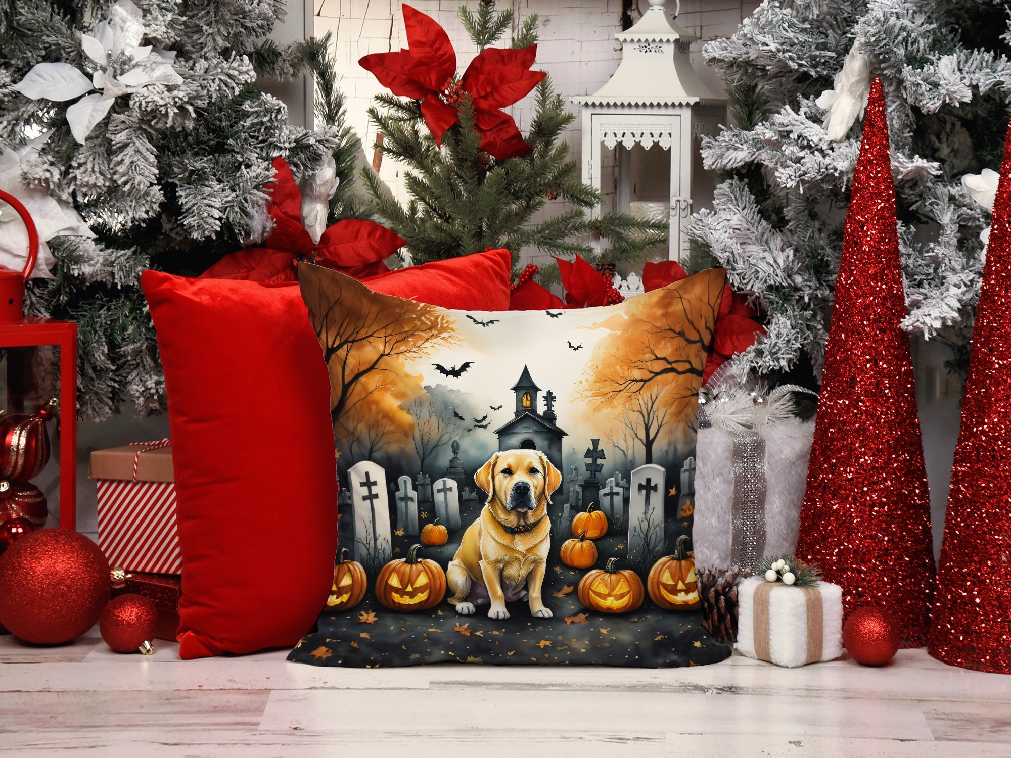 Yellow Labrador Retriever Spooky Halloween Throw Pillow-4