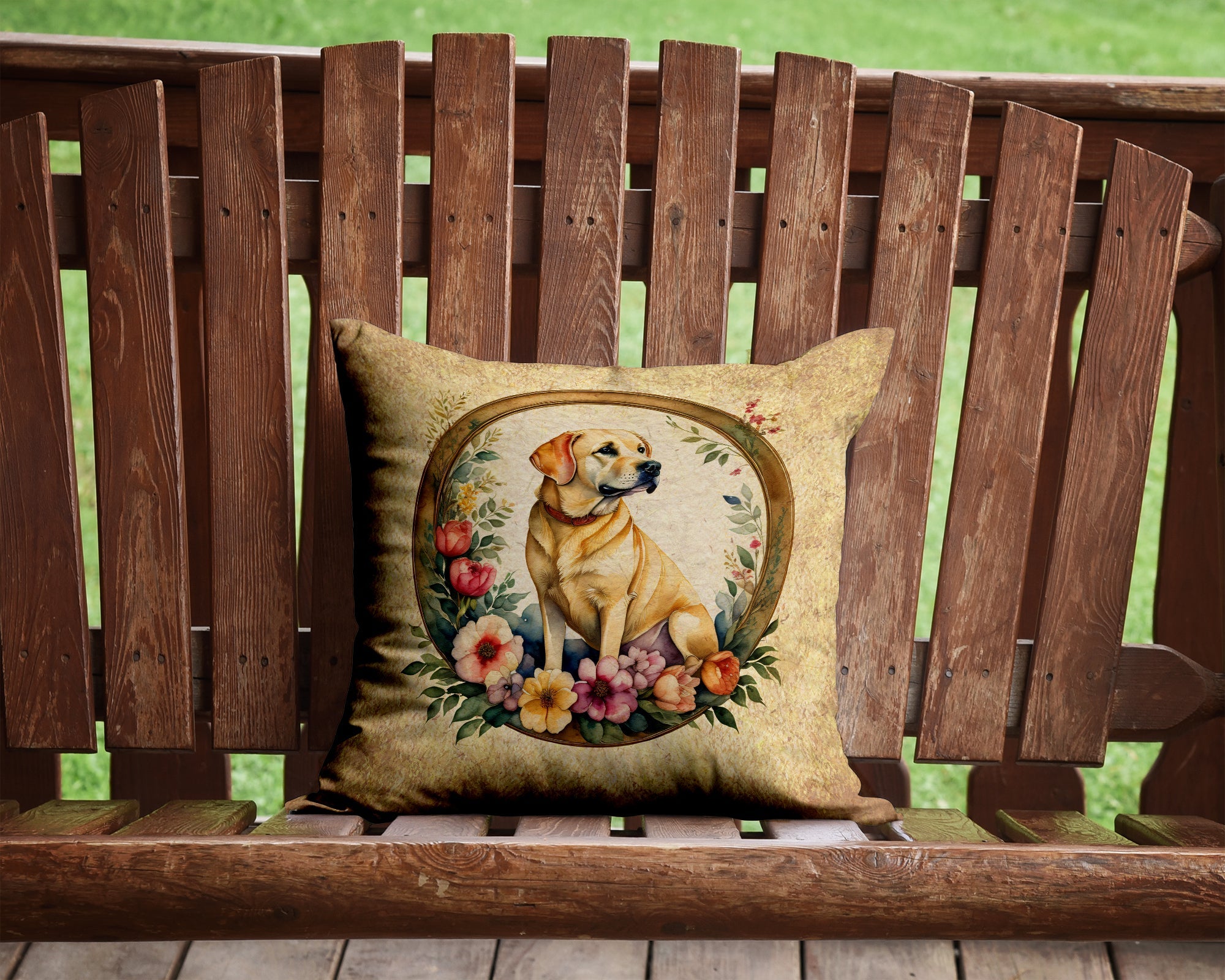Yellow Labrador Retriever and Flowers Throw Pillow-1