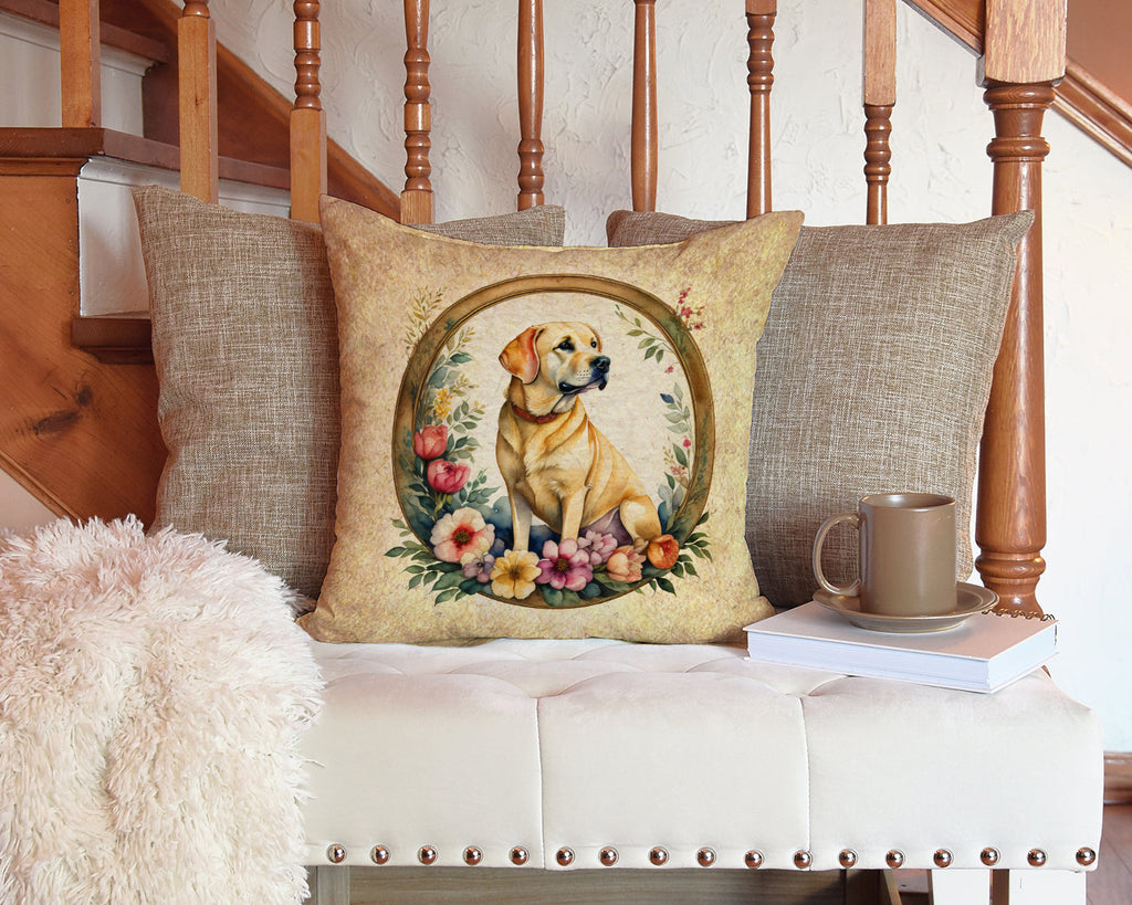 Yellow Labrador Retriever and Flowers Throw Pillow-3