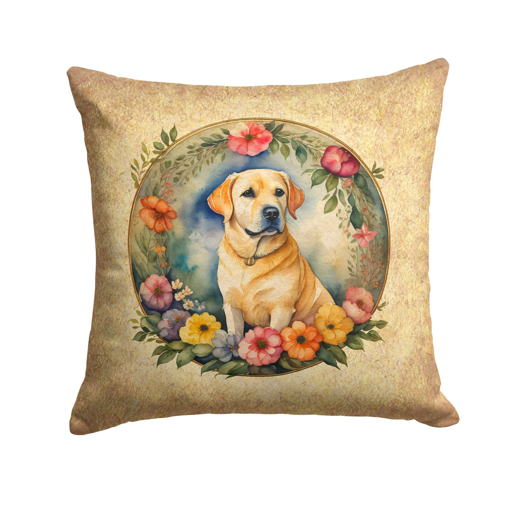 Yellow Labrador Retriever and Flowers Throw Pillow-0