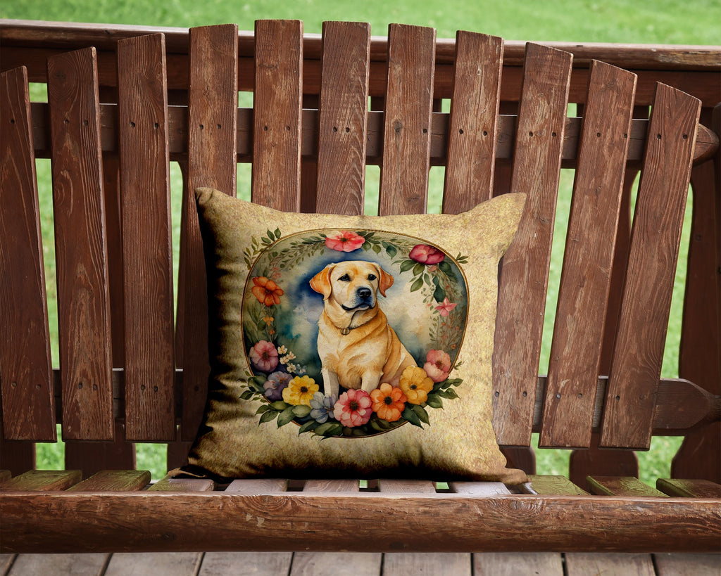 Yellow Labrador Retriever and Flowers Throw Pillow-1