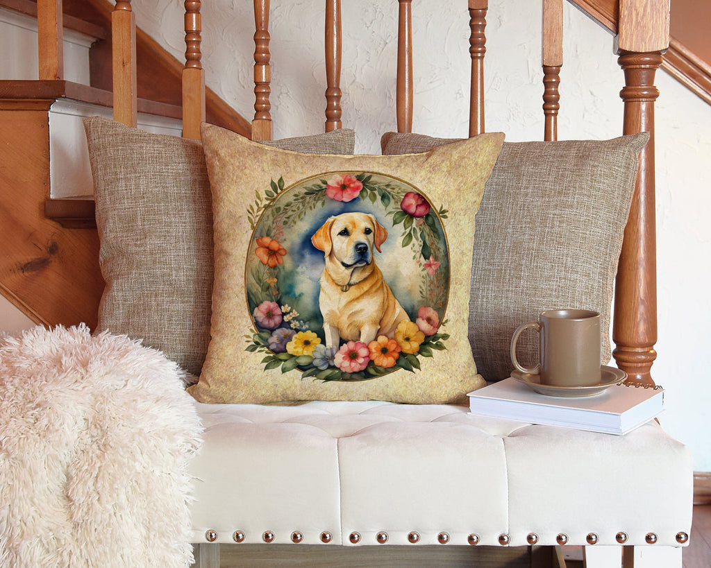 Yellow Labrador Retriever and Flowers Throw Pillow-3