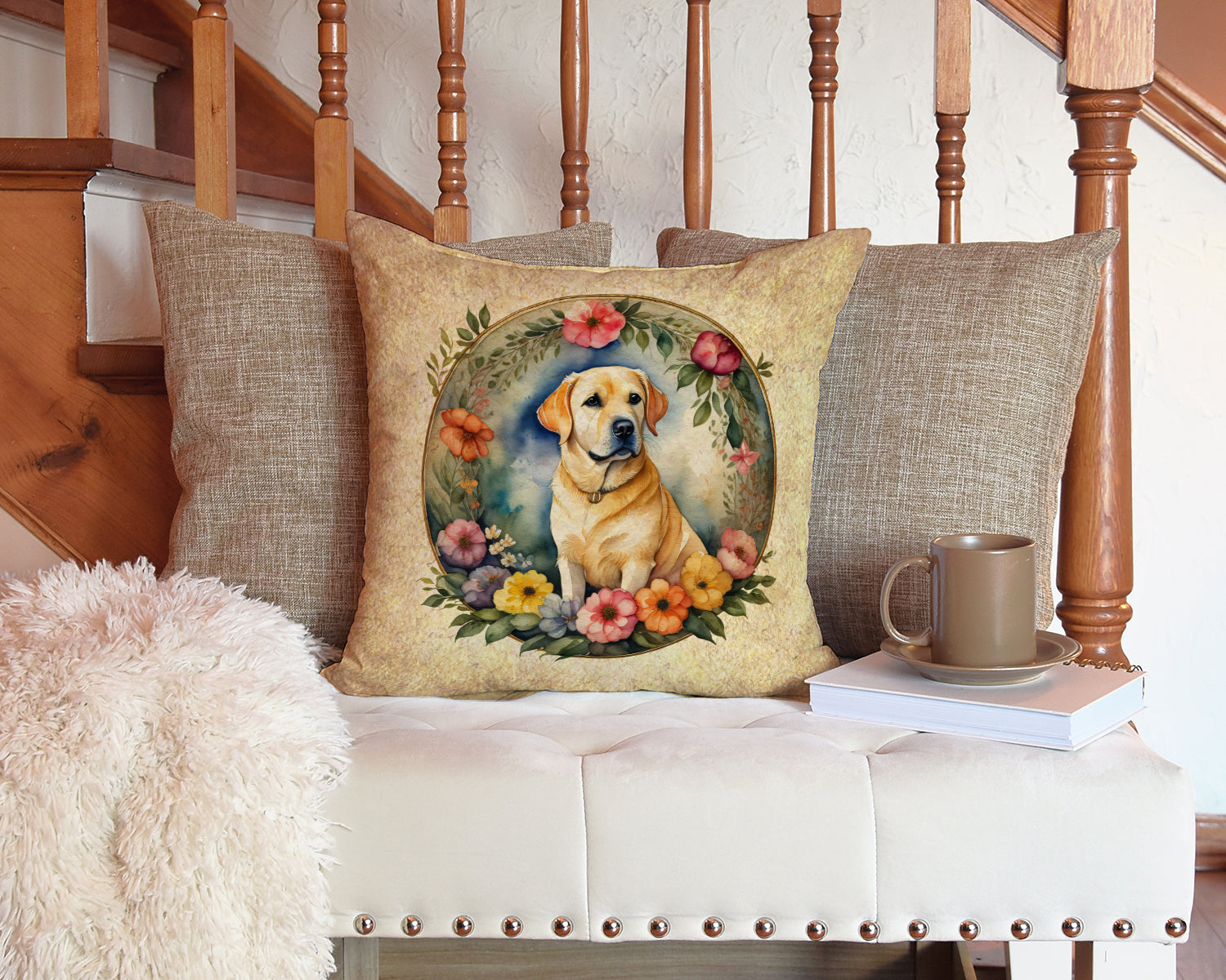 Yellow Labrador Retriever and Flowers Throw Pillow-3