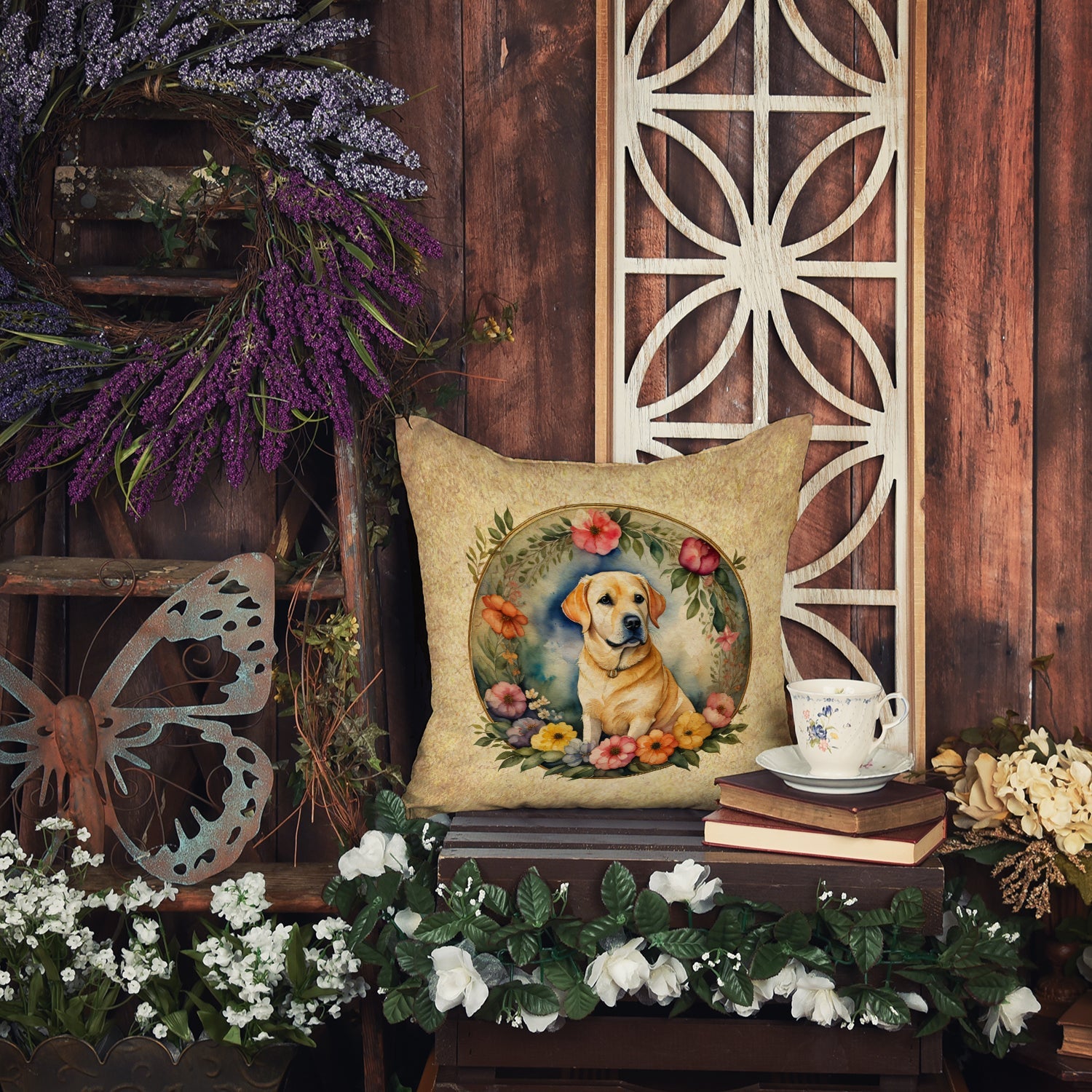 Yellow Labrador Retriever and Flowers Throw Pillow-4