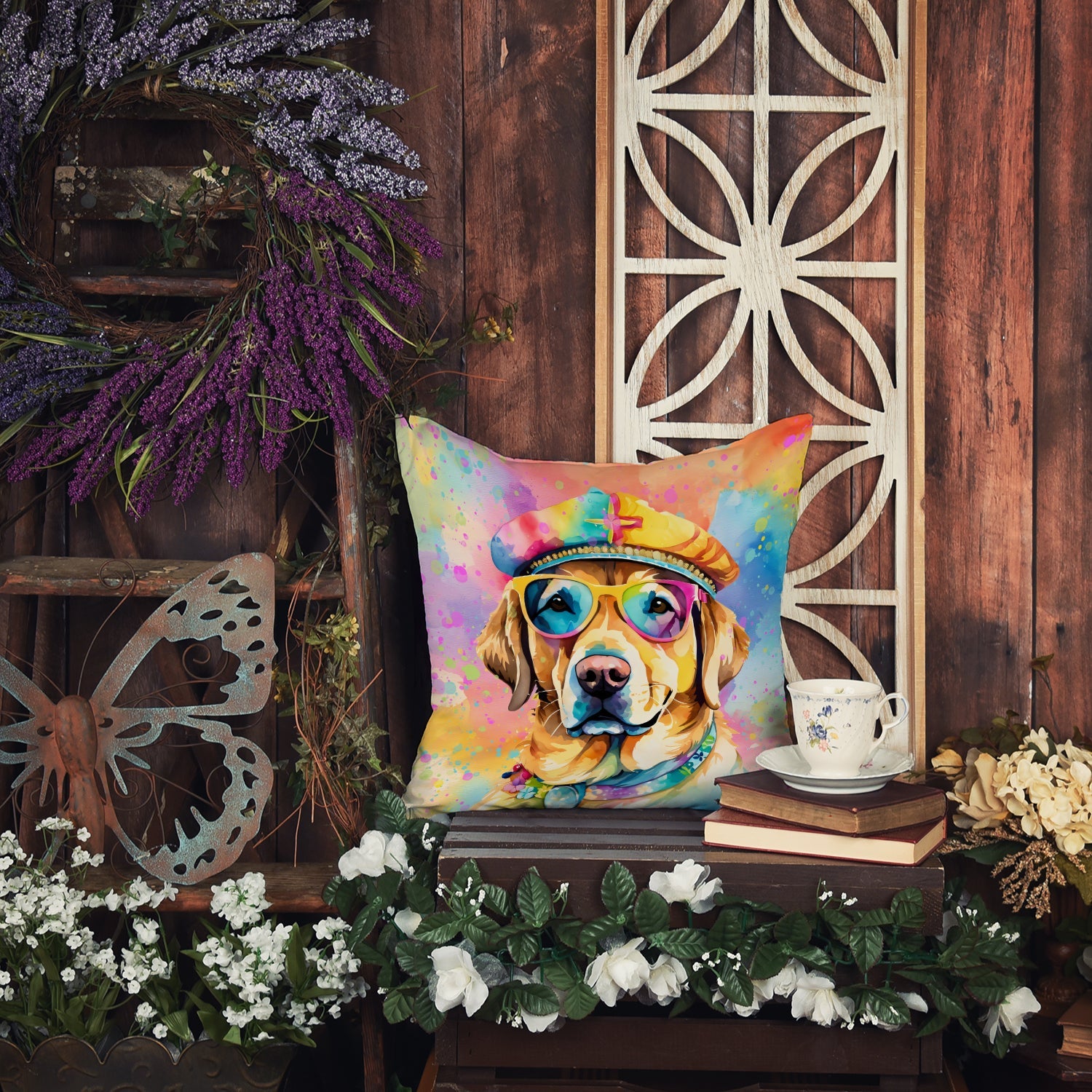 Yellow Labrador Hippie Dawg Throw Pillow-2