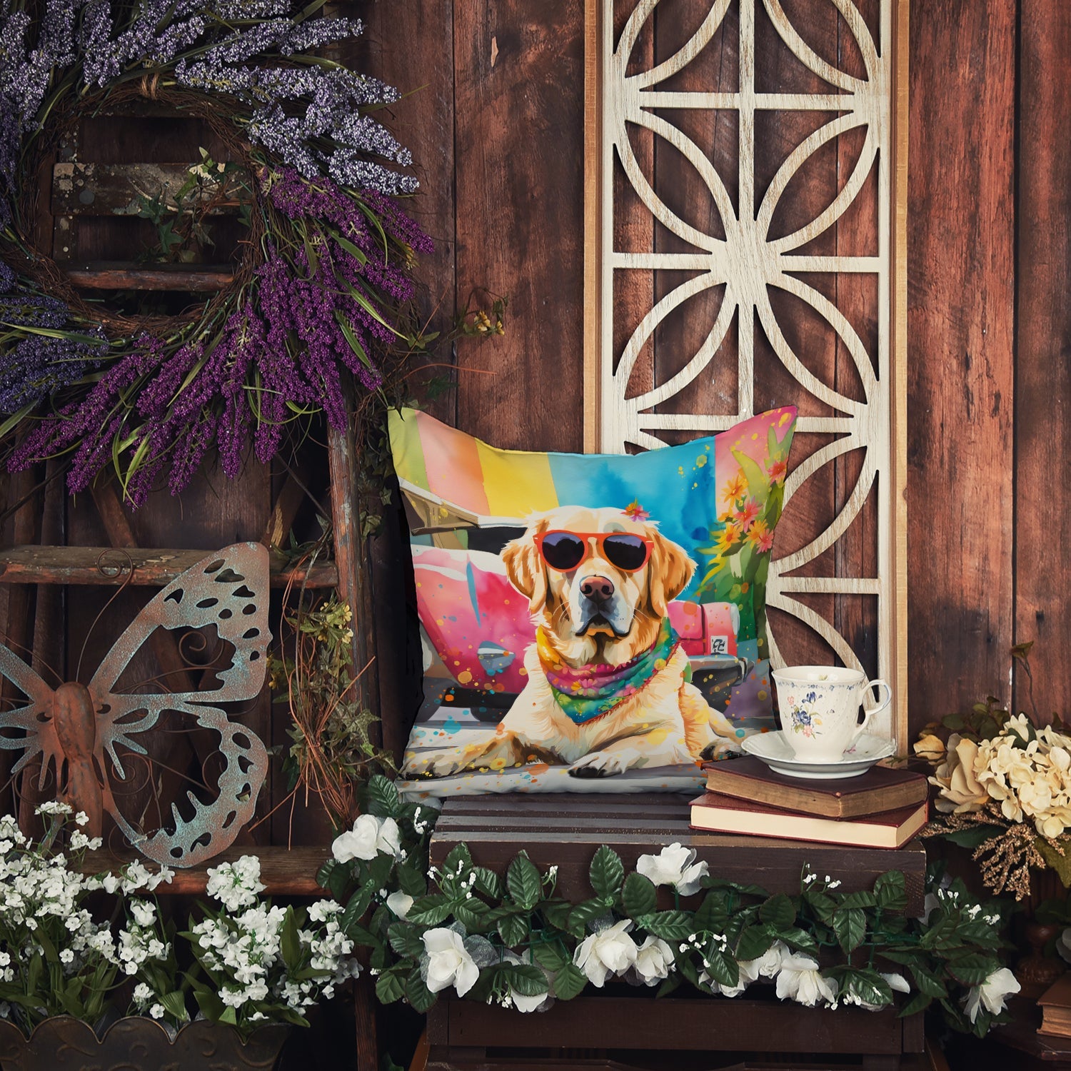 Yellow Labrador Hippie Dawg Throw Pillow-2