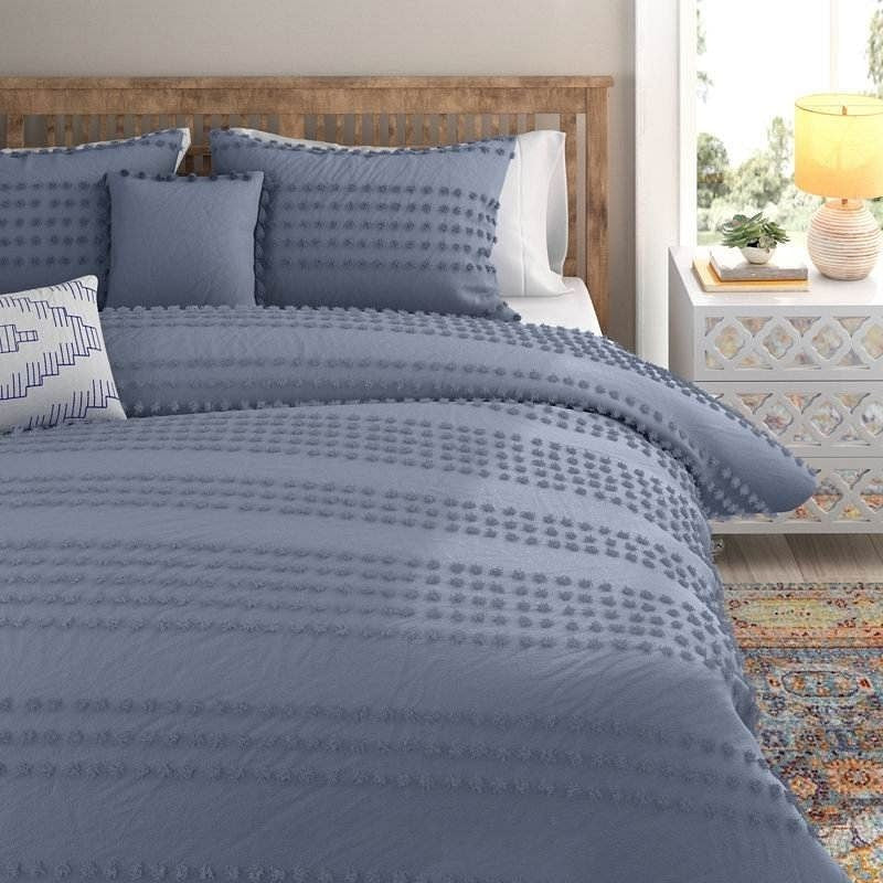 King size 5-Piece 100-Percent Cotton Clip Dot Boho Comforter Set in Denim Blue-0
