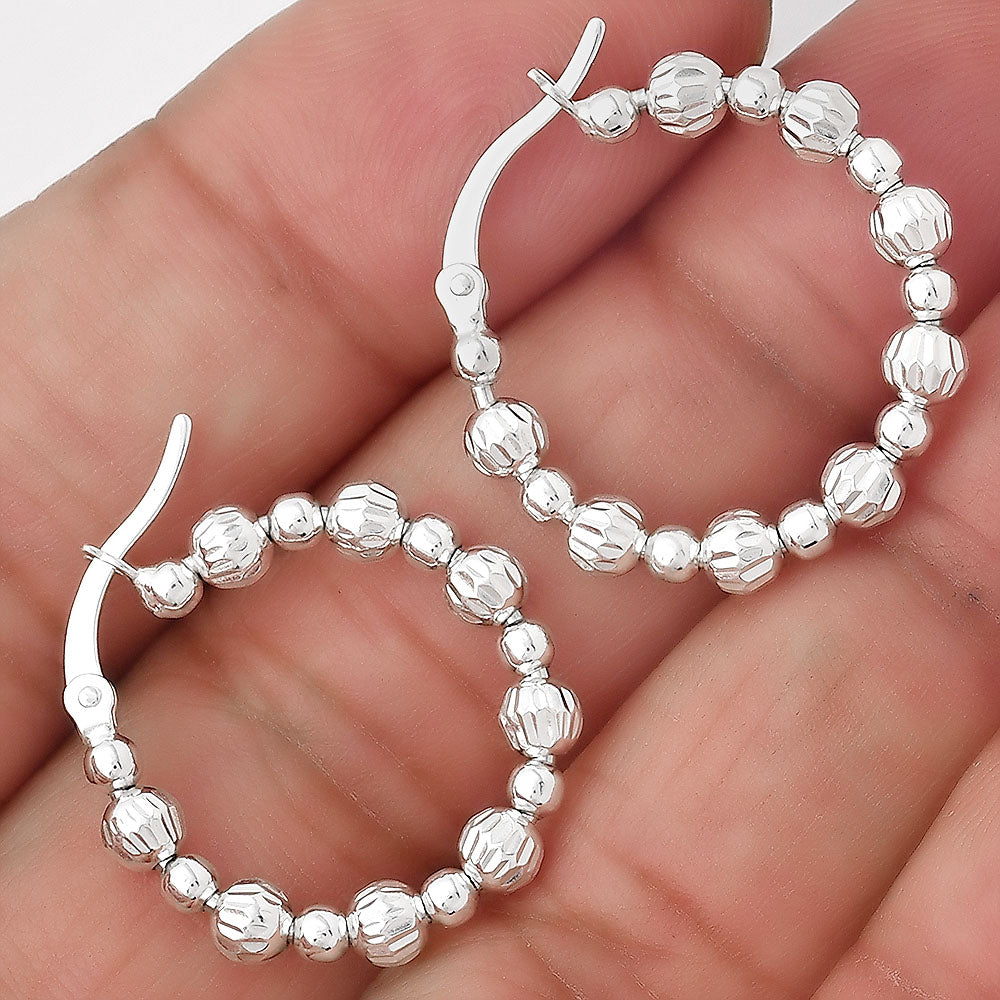 925 Sterling Silver Textured Bead Hoop Earrings – Stylish Trendy Jewelry DGE1031-0