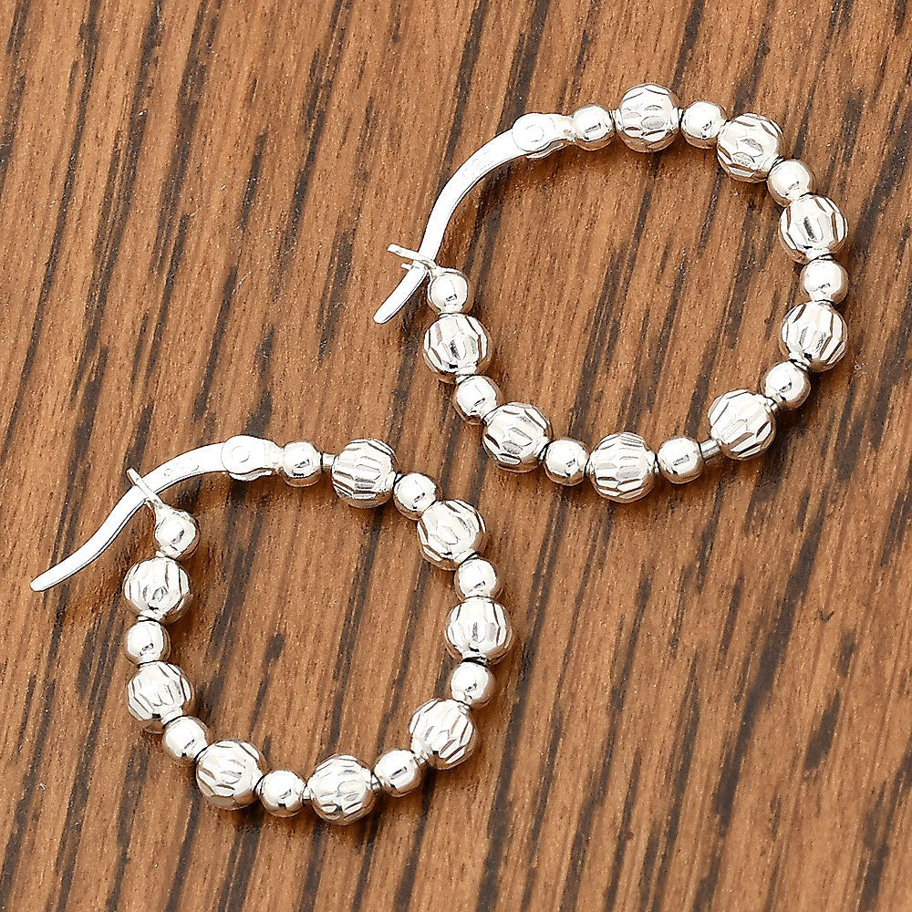 925 Sterling Silver Textured Bead Hoop Earrings – Stylish Trendy Jewelry DGE1031-2