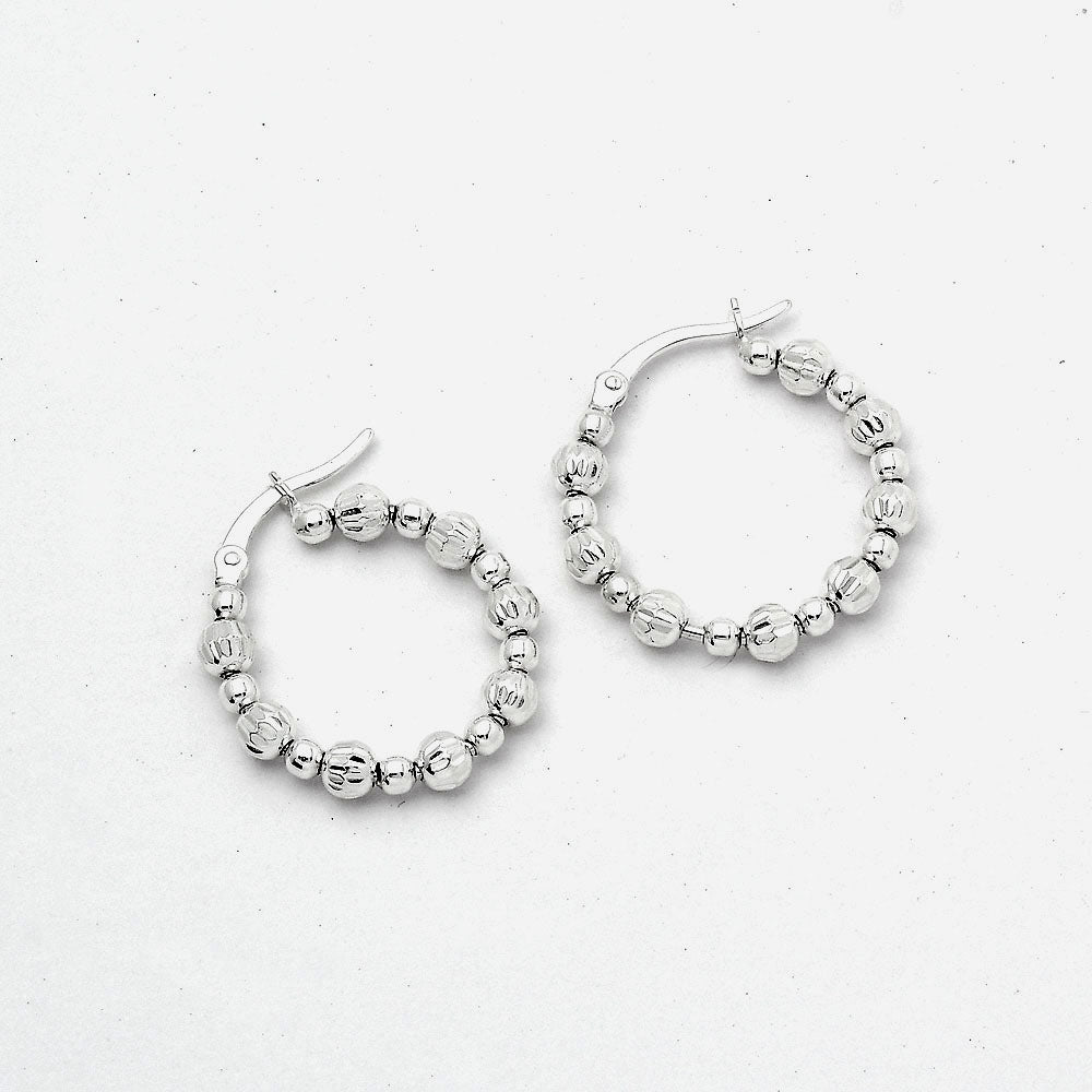 925 Sterling Silver Textured Bead Hoop Earrings – Stylish Trendy Jewelry DGE1031-4