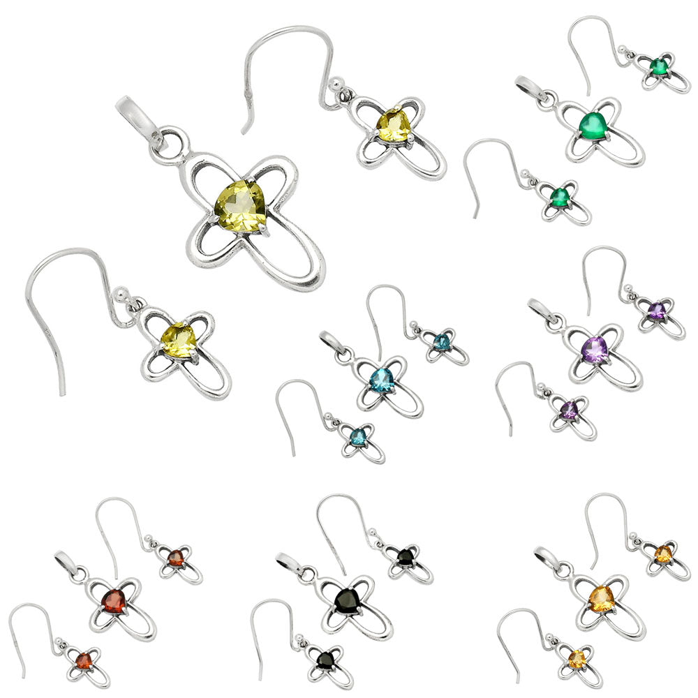 Heart Multi-Gemstone 925 Sterling Silver Pendant & Earrings Jewelry Set DGT01054 T-1011-1