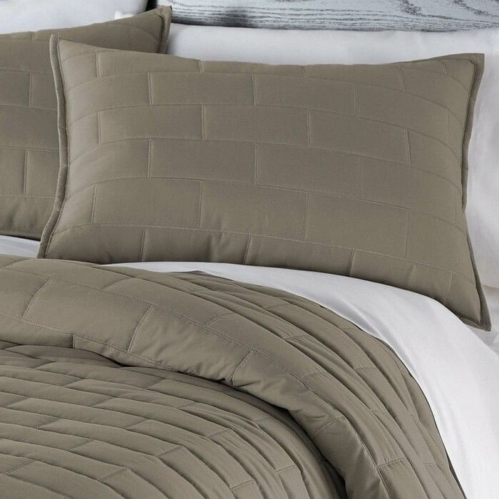 King/Cal King Modern Brick Stitch Microfiber Reversible 3 Piece Comforter Set in Taupe-0
