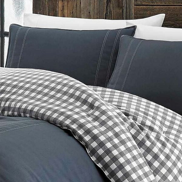 King size 100% Cotton Reverse Plaid Gray/White Comforter Set-0