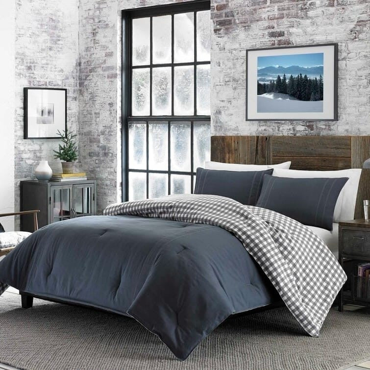 Full/Queen size 100% Cotton Reverse Plaid Gray/White Comforter Set-2