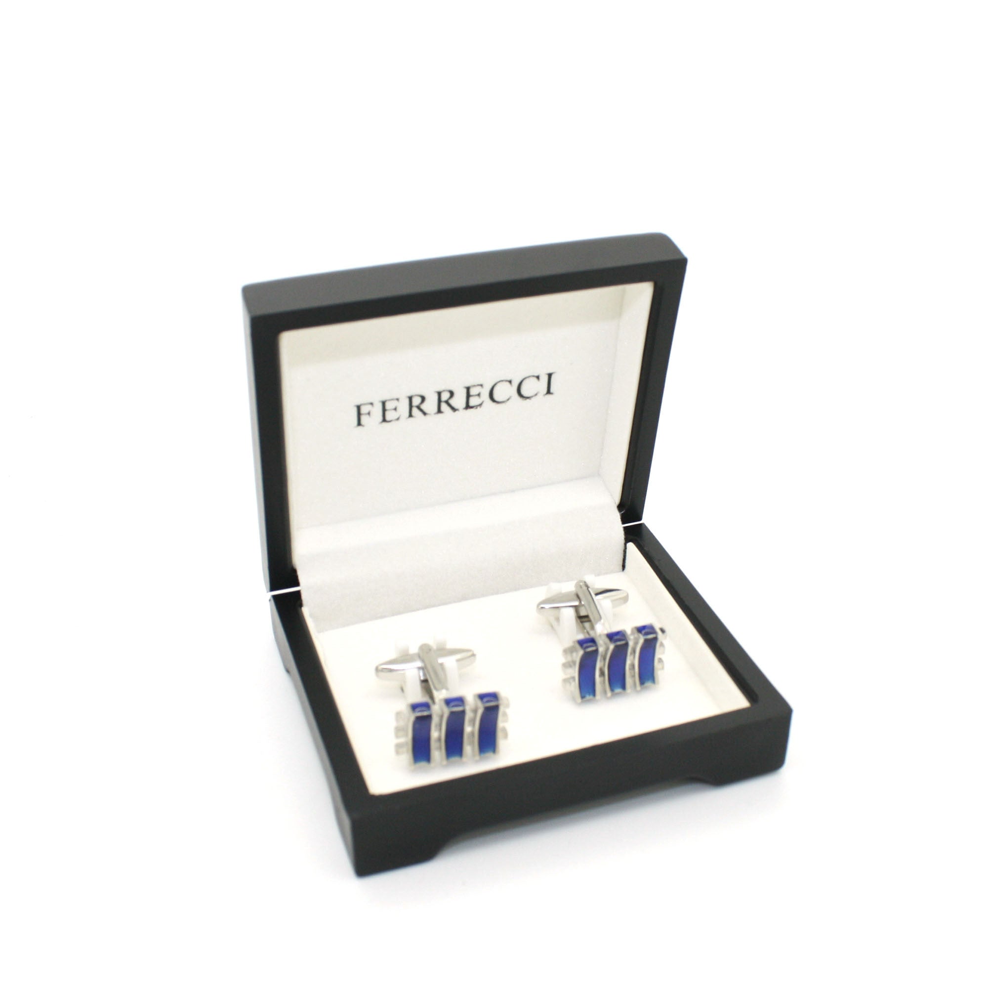 Silvertone Aqua Blue Criss Cross Cuff Links With Jewelry Box-1