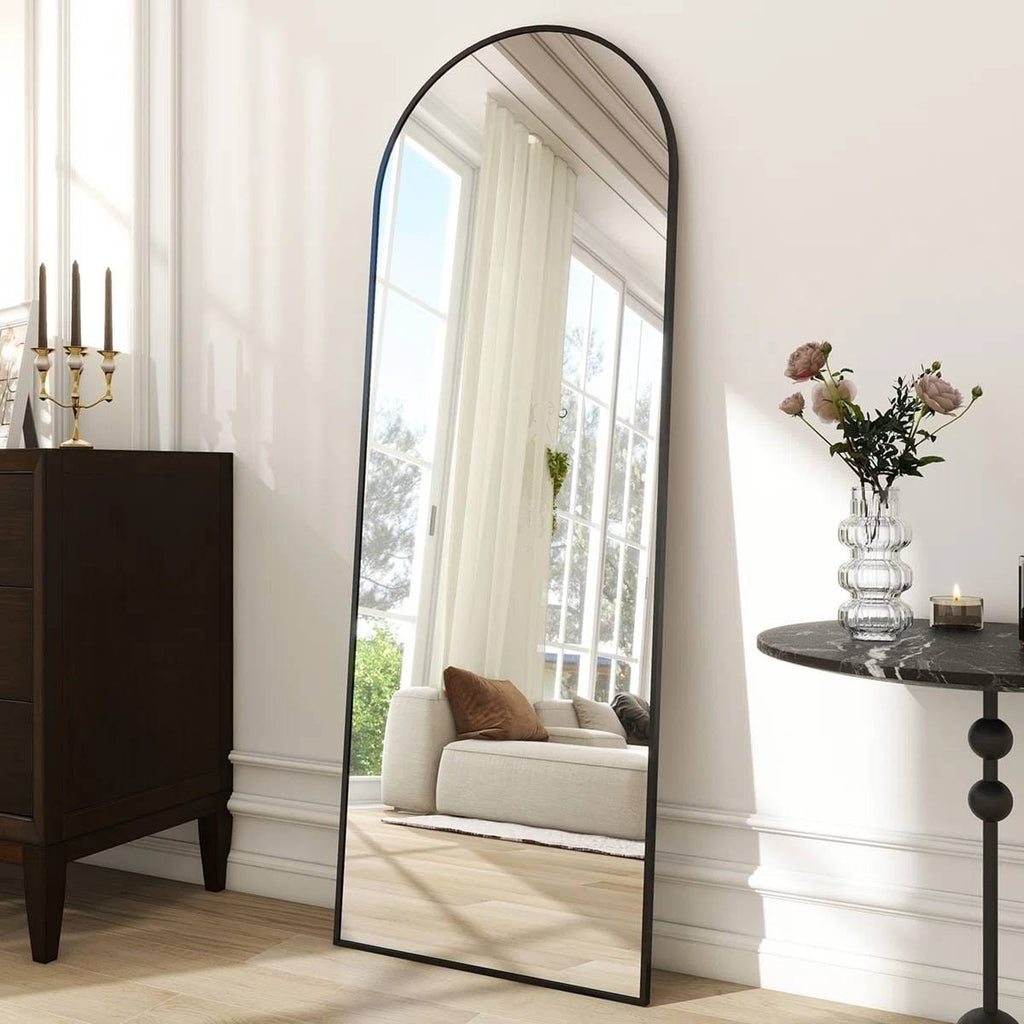 Black 58-inch Full Length Arched Floor Mirror with Stand and Wall Hanging Screws-0