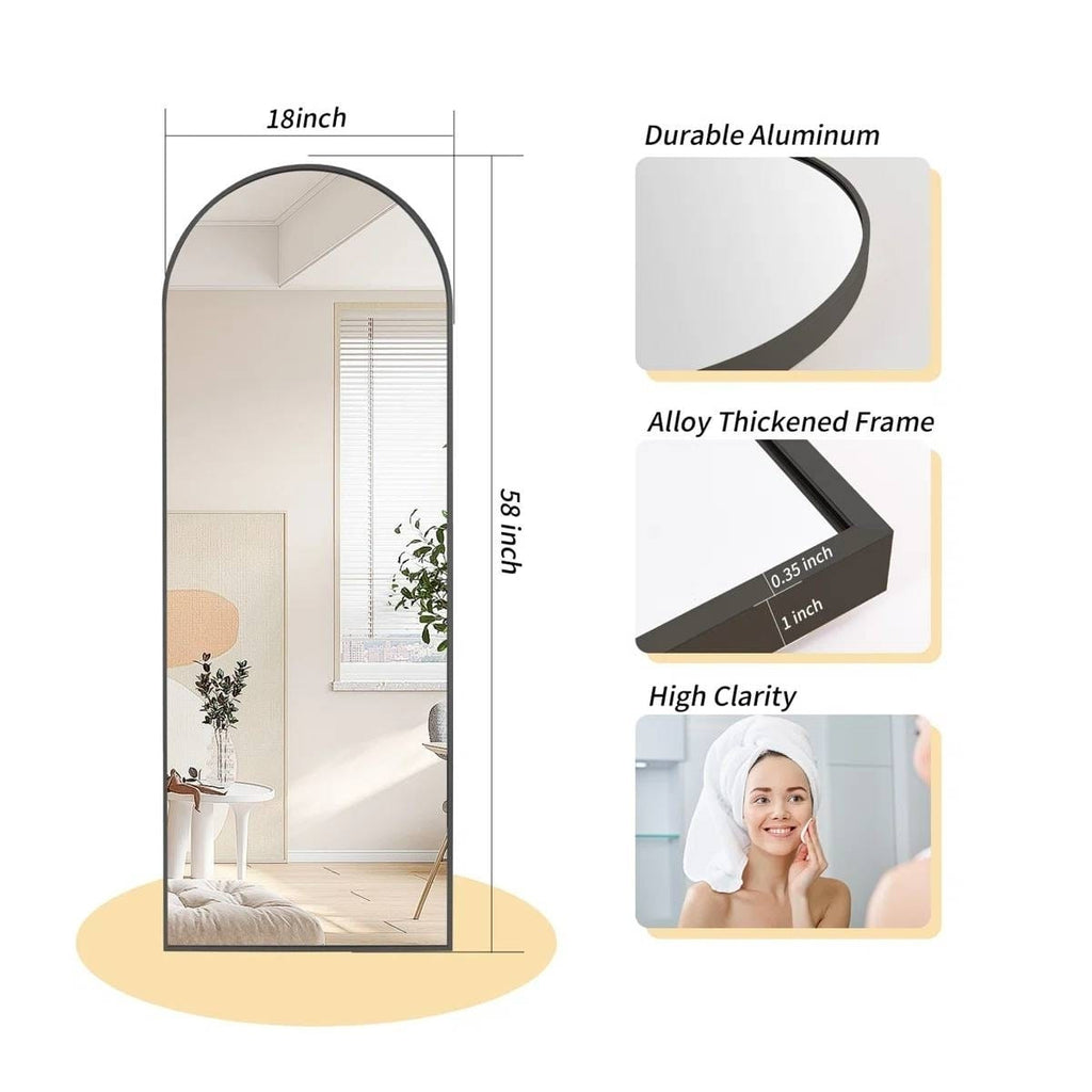 Black 58-inch Full Length Arched Floor Mirror with Stand and Wall Hanging Screws-1