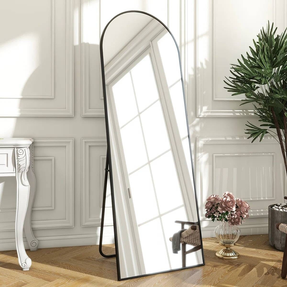 Black 58-inch Full Length Arched Floor Mirror with Stand and Wall Hanging Screws-2