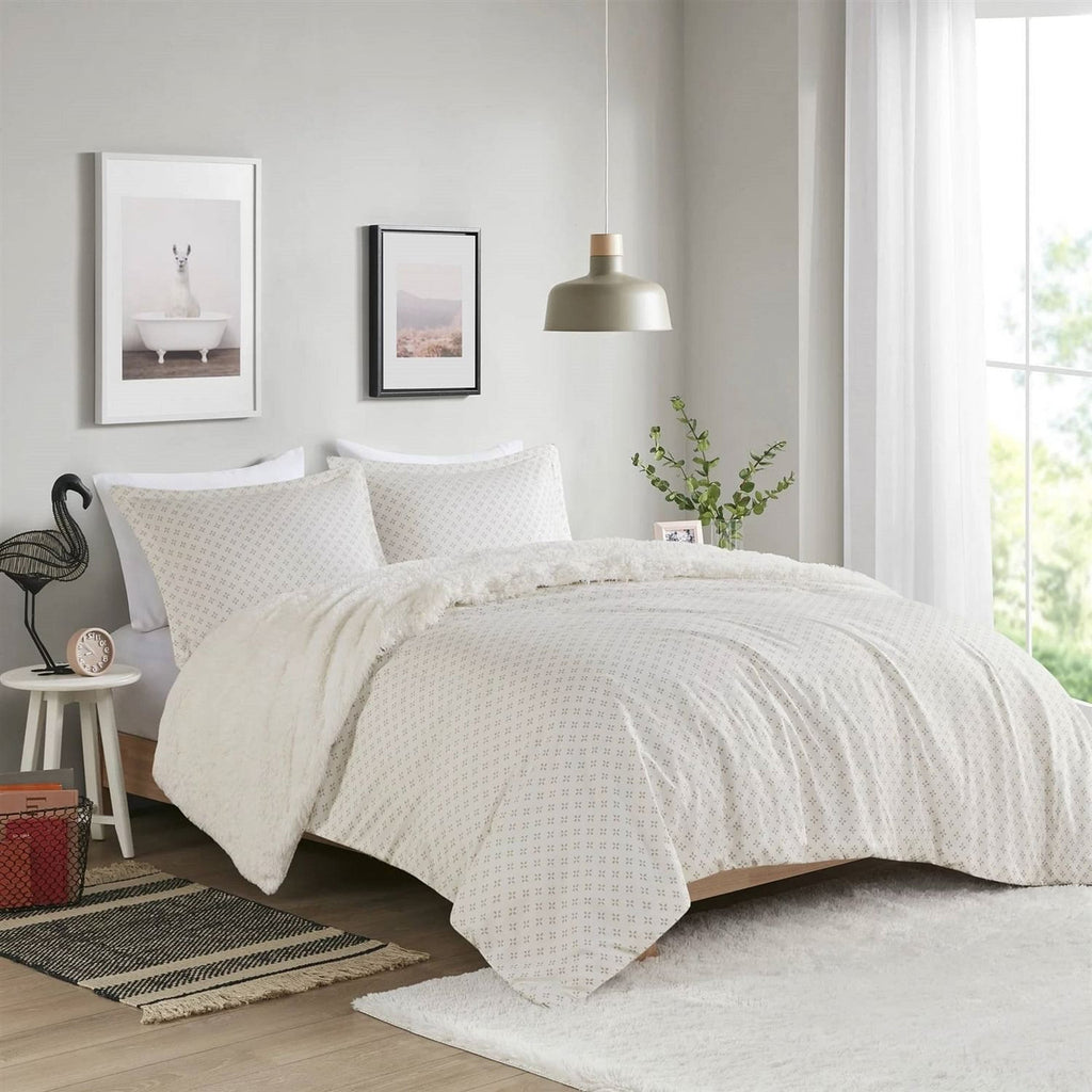 Full/Queen size Reversible Soft Sherpa Faux Fur 3-Piece Comforter Set in Ivory-1