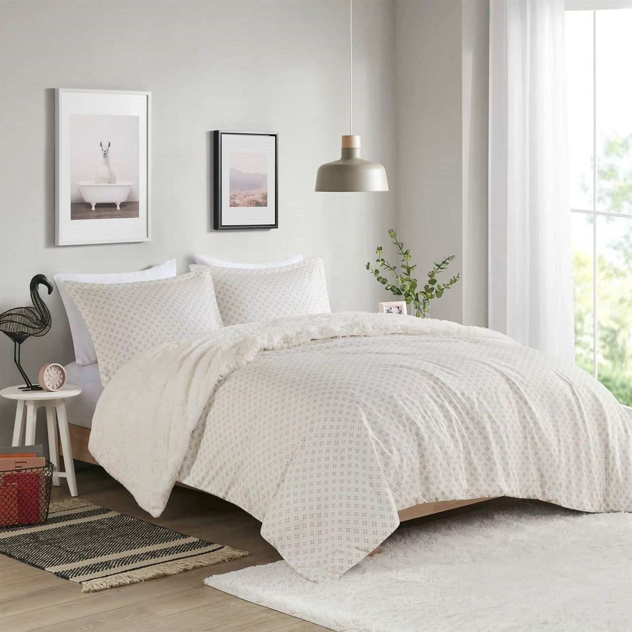 Full/Queen size Reversible Soft Sherpa Faux Fur 3-Piece Comforter Set in Ivory-1