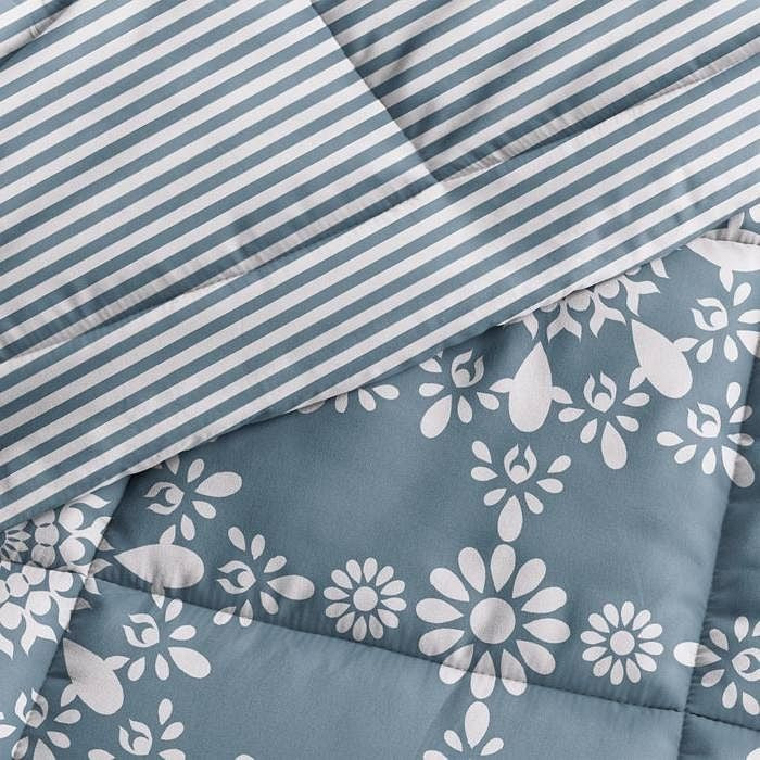 Full/Queen size 3-Piece Blue and White Reversible Floral Striped Comforter Set-1