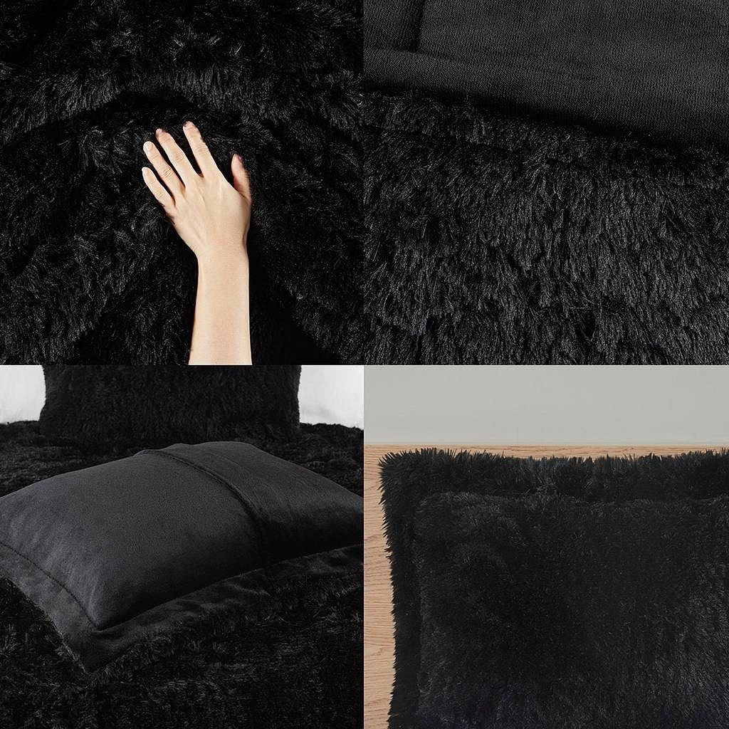 Full/Queen Black Soft Sherpa Faux Fur 3-Piece Comforter Set with Pillow Shams-0