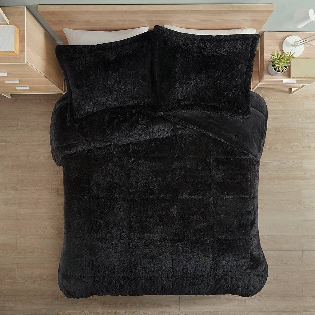 Full/Queen Black Soft Sherpa Faux Fur 3-Piece Comforter Set with Pillow Shams-2