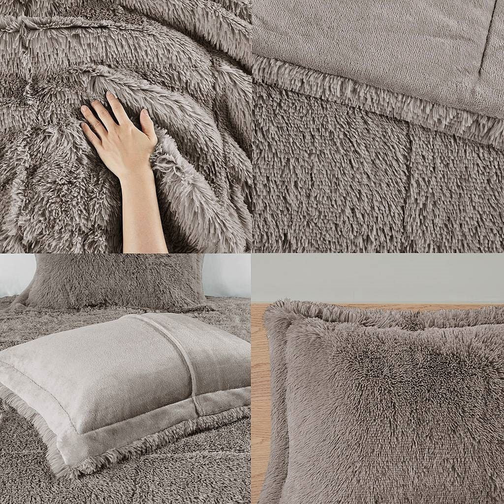Full/Queen Grey Soft Sherpa Faux Fur 3-Piece Comforter Set with Pillow Shams-0