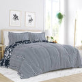 Full/Queen size 3-Piece Navy Blue White Reversible Floral Striped Comforter Set-0