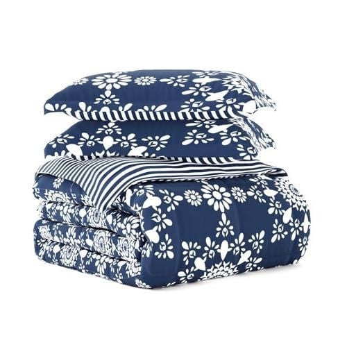 Full/Queen size 3-Piece Navy Blue White Reversible Floral Striped Comforter Set-1