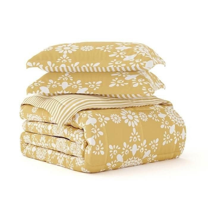 Full/Queen size 3-Piece Yellow White Reversible Floral Striped Comforter Set-1