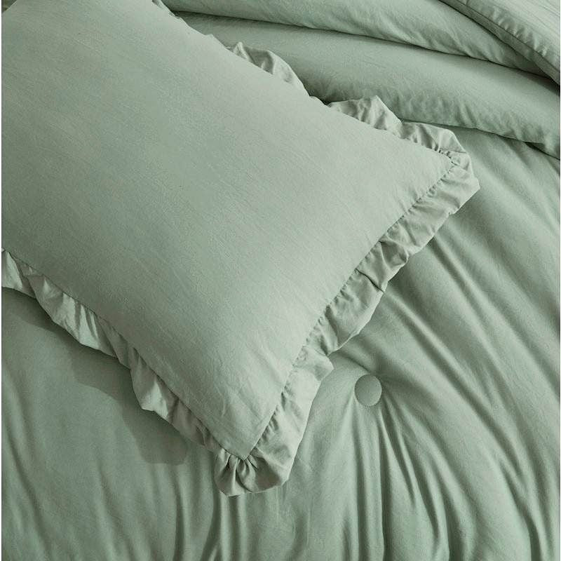 Full Size Sage Green Microfiber 3-Piece Comforter Set with Ruffled Edge Trim-1