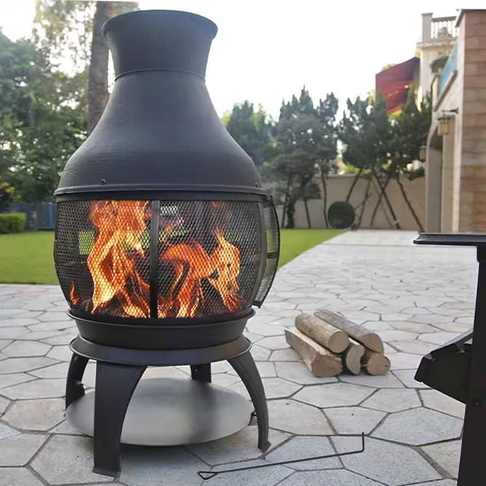 45-inch Black Cast Iron and Steel Outdoor Fire Pit Chimenea-0