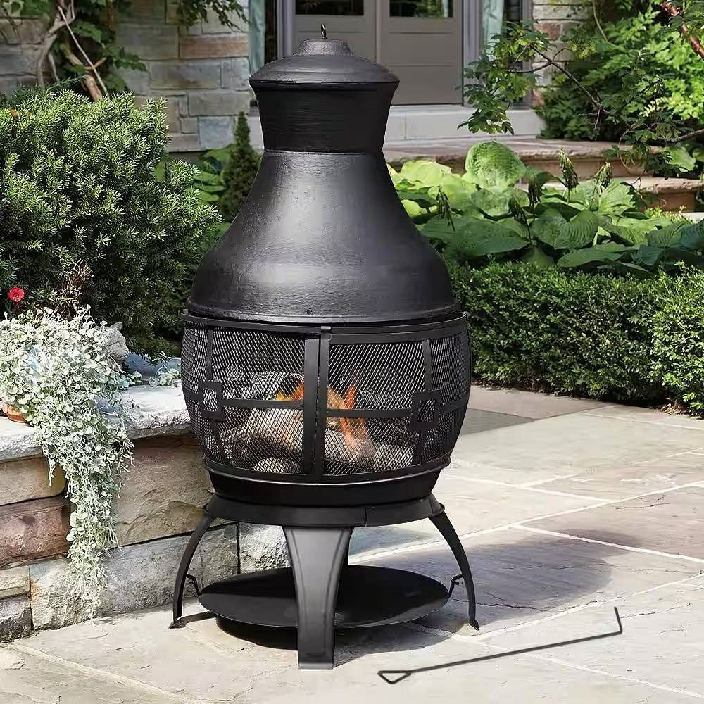 45-inch Black Cast Iron and Steel Outdoor Fire Pit Chimenea-2