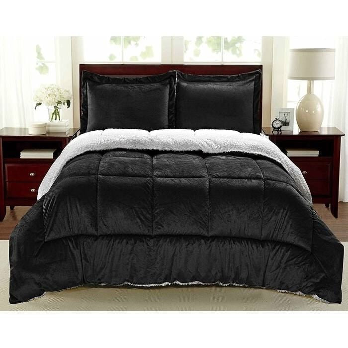 Full Size 3 Piece Ultra Soft Sherpa Wrinkle Resistant Comforter Set in Black-2