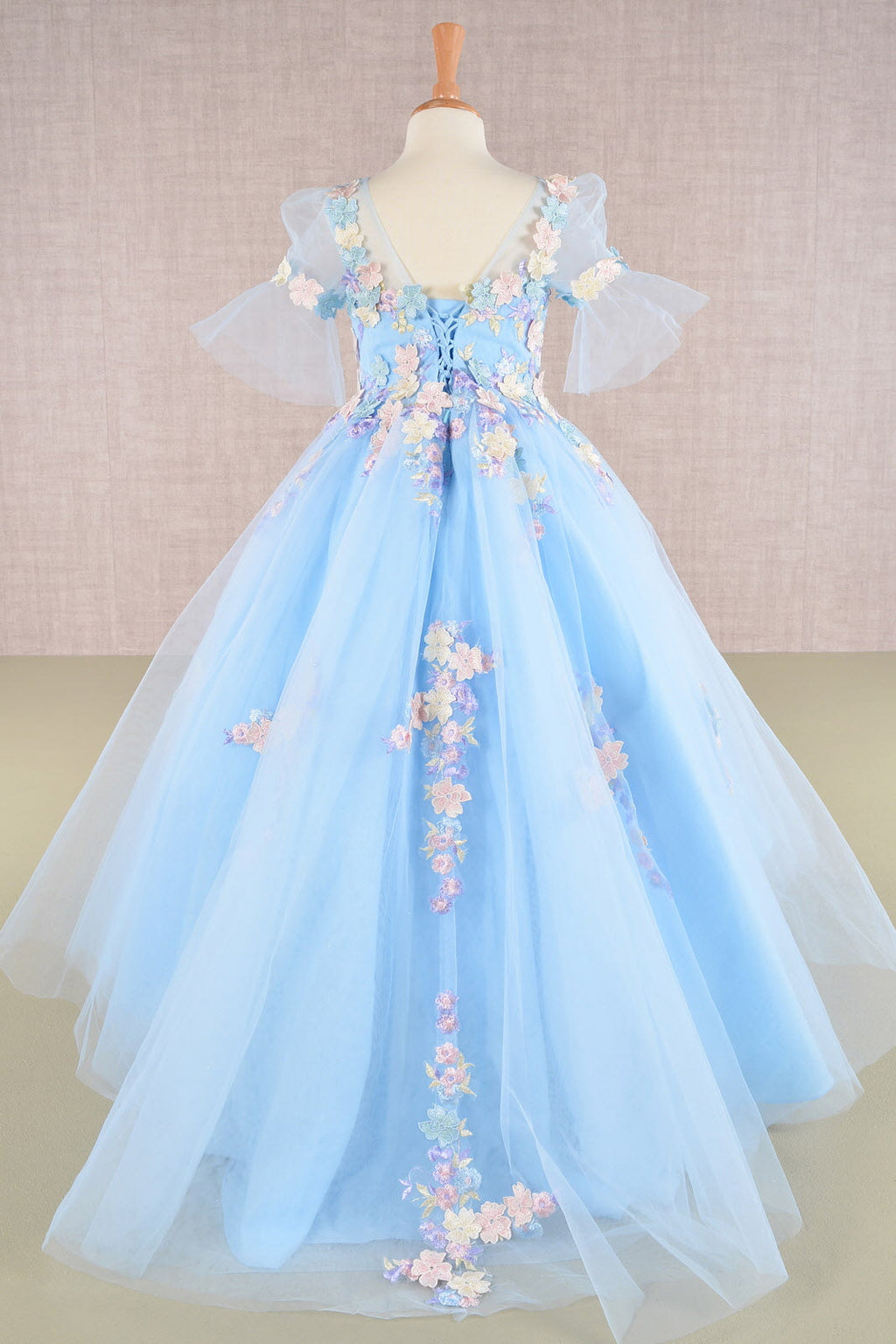 3D Floral Applique Mesh Kids Dress with Long Back Hem-1