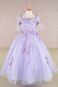3D Floral Applique Mesh Kids Dress with Long Back Hem-5