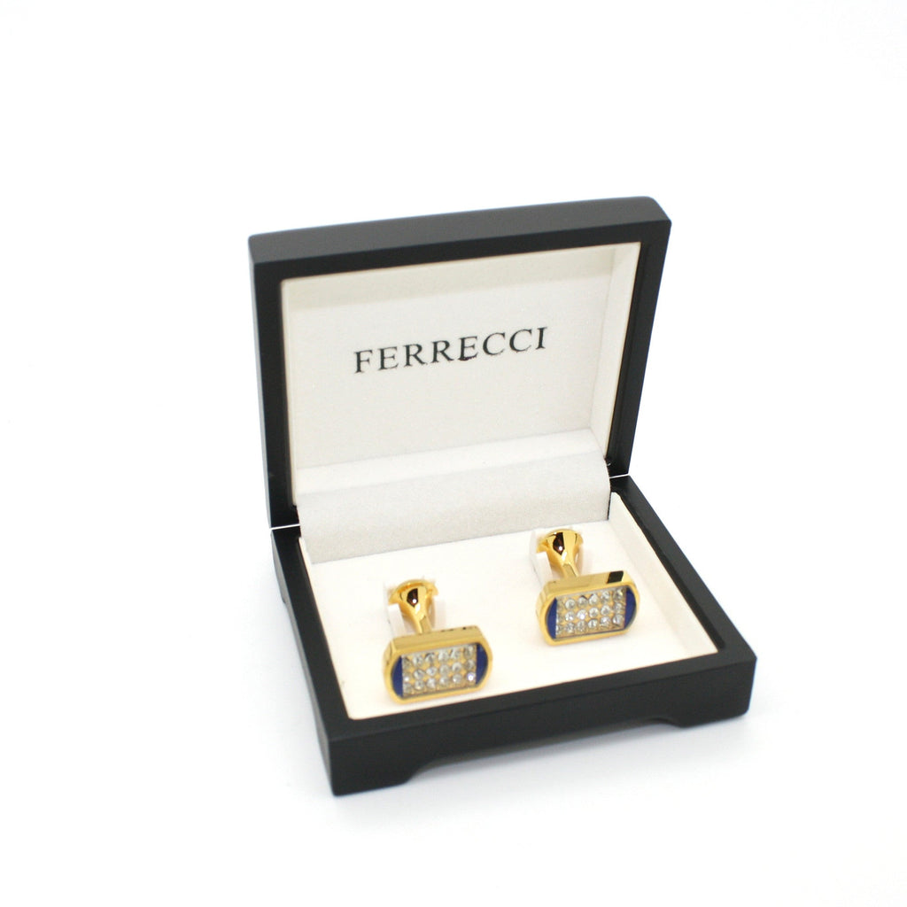 Goldtone Blue Glass White Stone Cuff Links With Jewelry Box-1