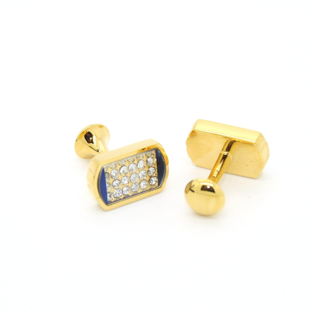 Goldtone Blue Glass White Stone Cuff Links With Jewelry Box-0