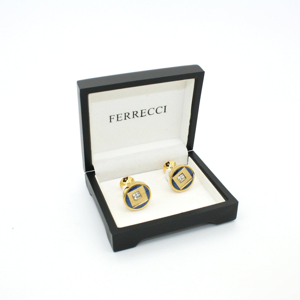 Goldtone Blue Center Glass Stone Cuff Links With Jewelry Box-1