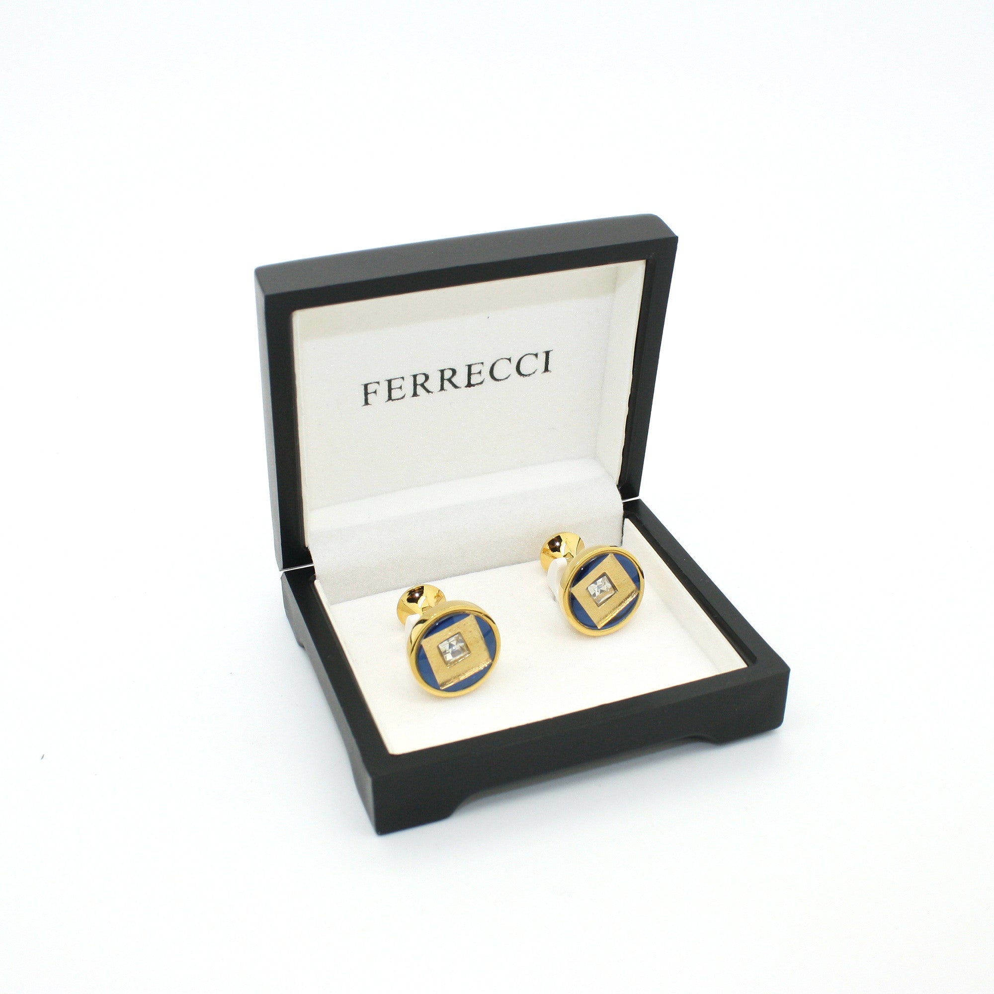Goldtone Blue Center Glass Stone Cuff Links With Jewelry Box-1