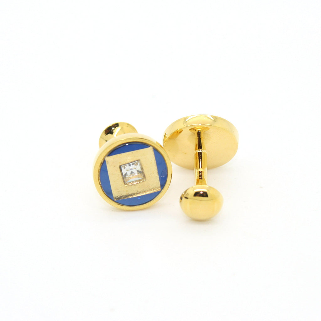 Goldtone Blue Center Glass Stone Cuff Links With Jewelry Box-0
