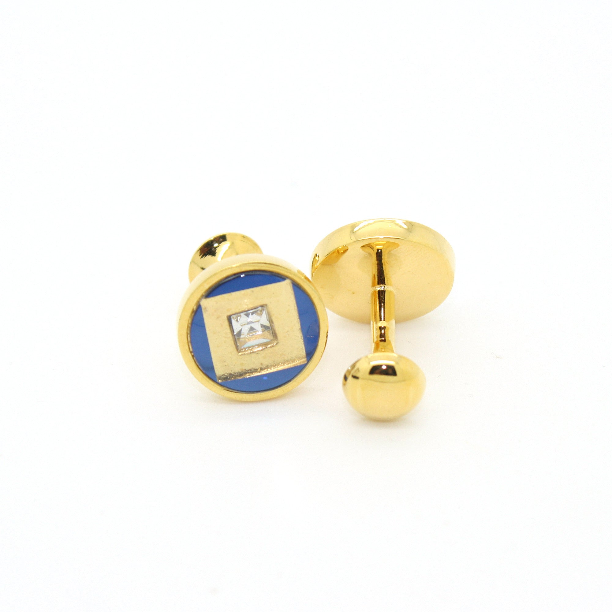 Goldtone Blue Center Glass Stone Cuff Links With Jewelry Box-0