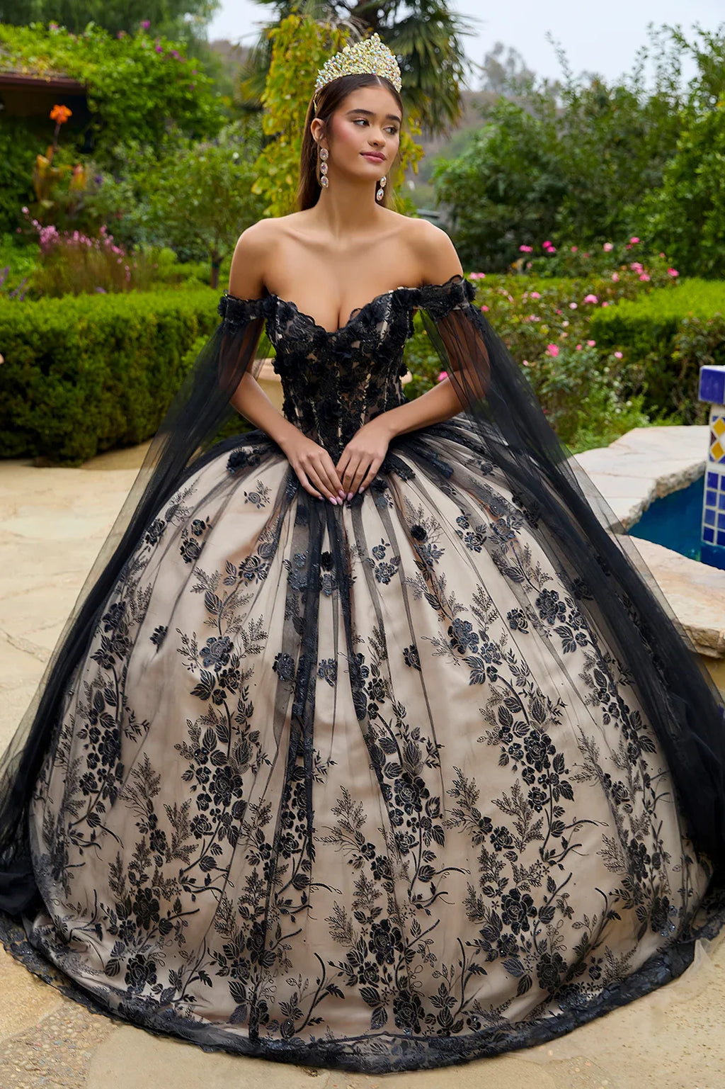 3-D Floral Applique Glitter Pattern Embellished Mesh Quinceanera Gown-0