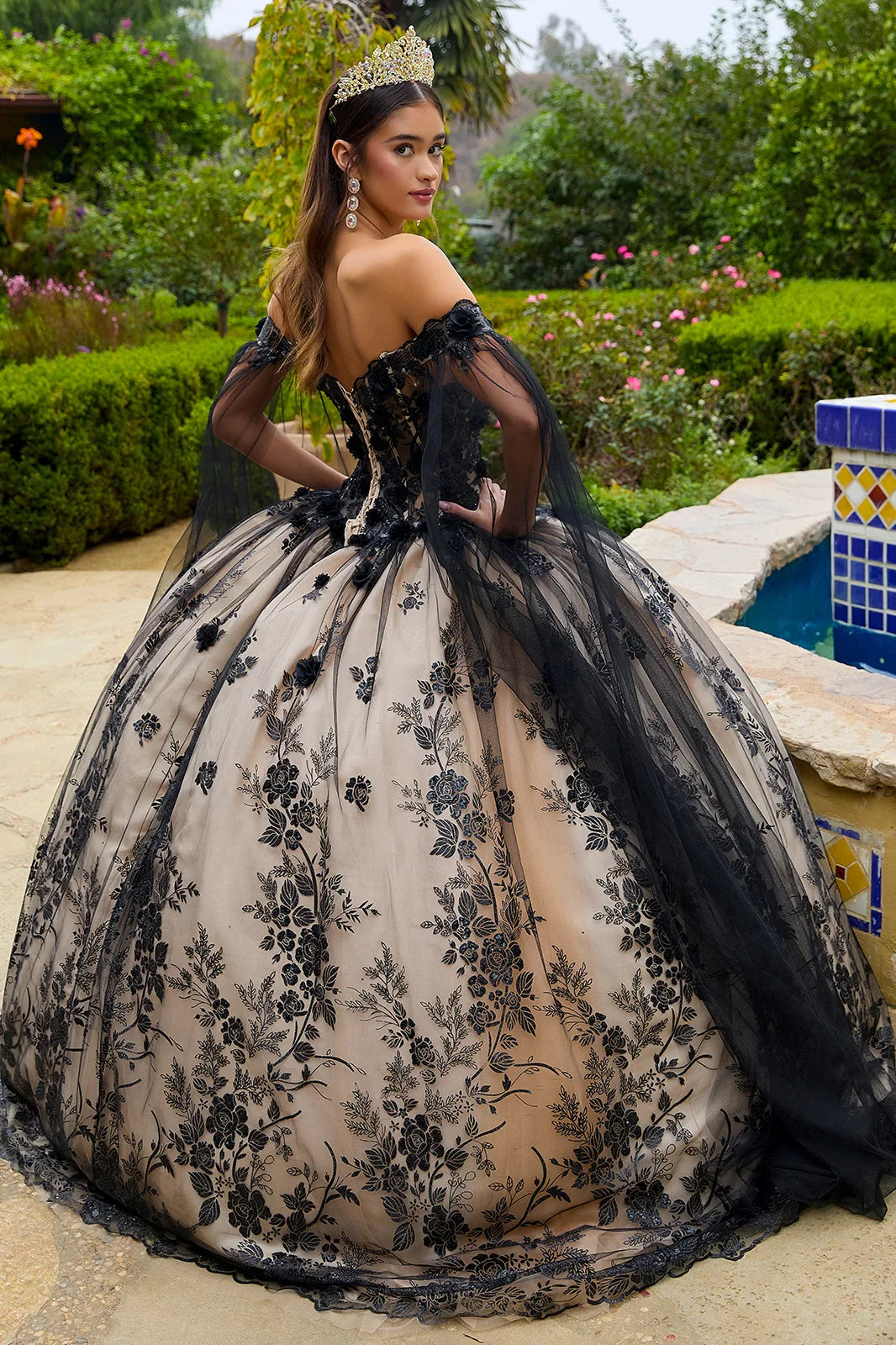 3-D Floral Applique Glitter Pattern Embellished Mesh Quinceanera Gown-1
