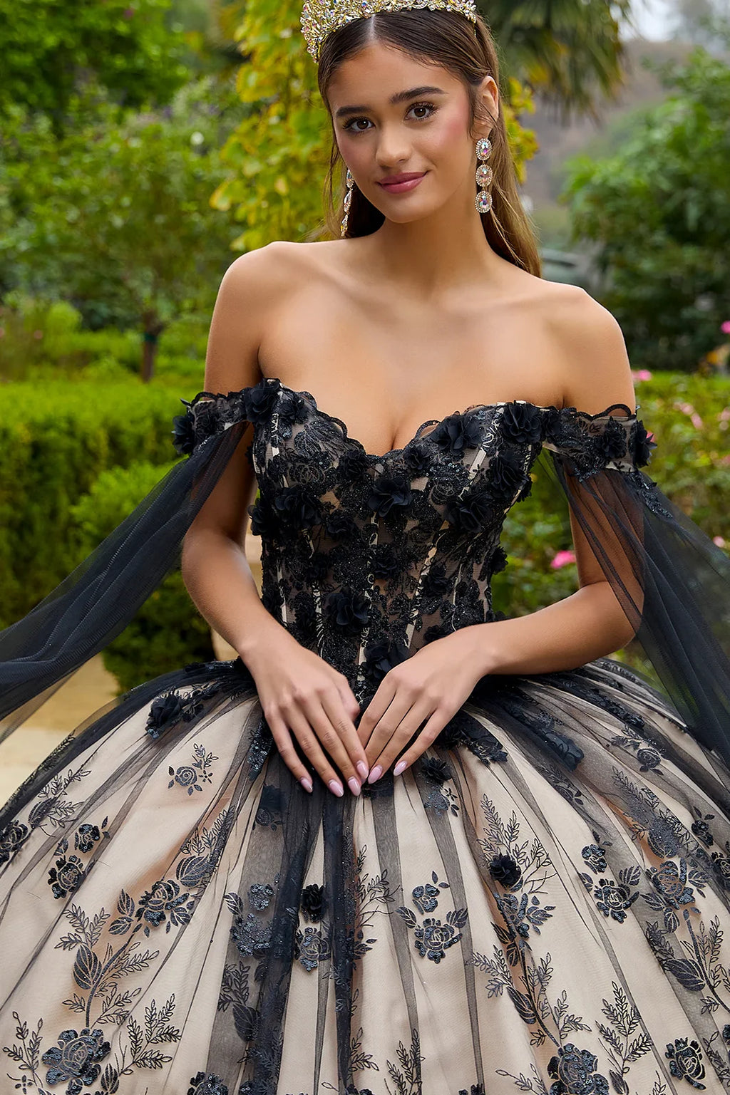 3-D Floral Applique Glitter Pattern Embellished Mesh Quinceanera Gown-2
