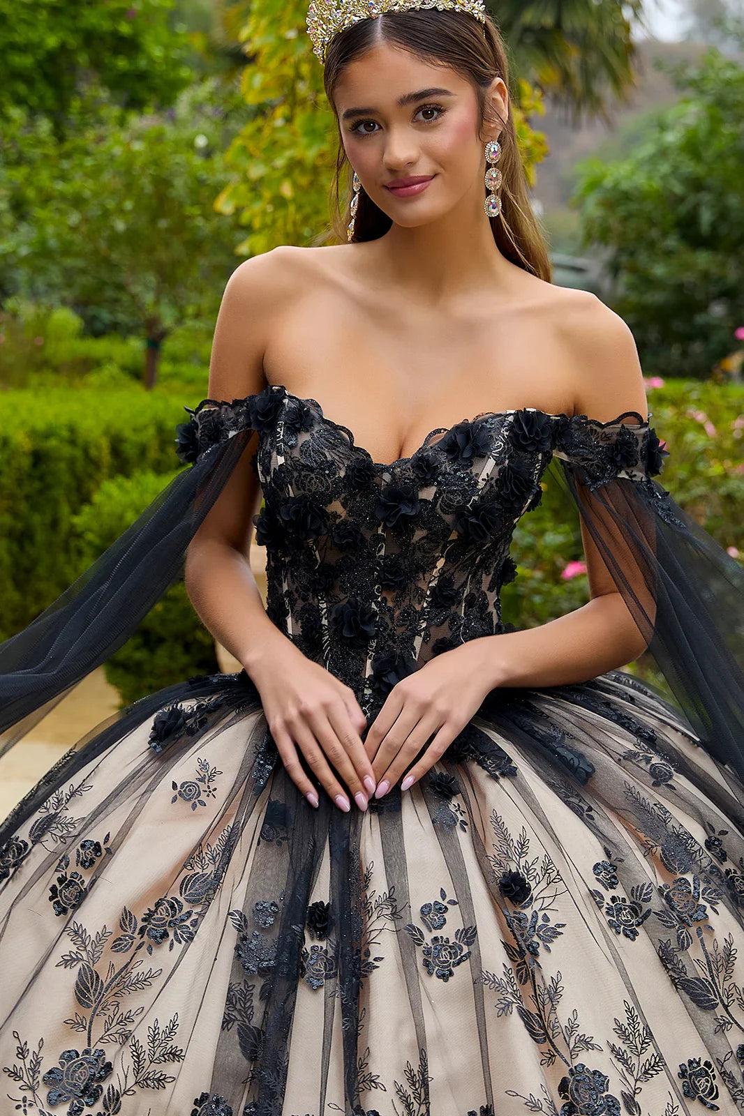 3-D Floral Applique Glitter Pattern Embellished Mesh Quinceanera Gown-2